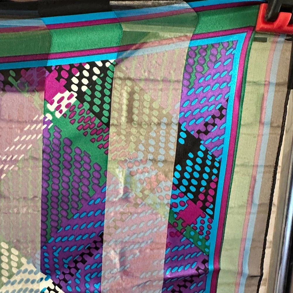 Vintage Silk Chiffon Scarf 80s‎ 90s Geometric Abstract Dot Purple Green Blue